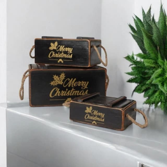 Minster Crates With Lids Rope Han (Set Of 3) - Wood - Black - Black