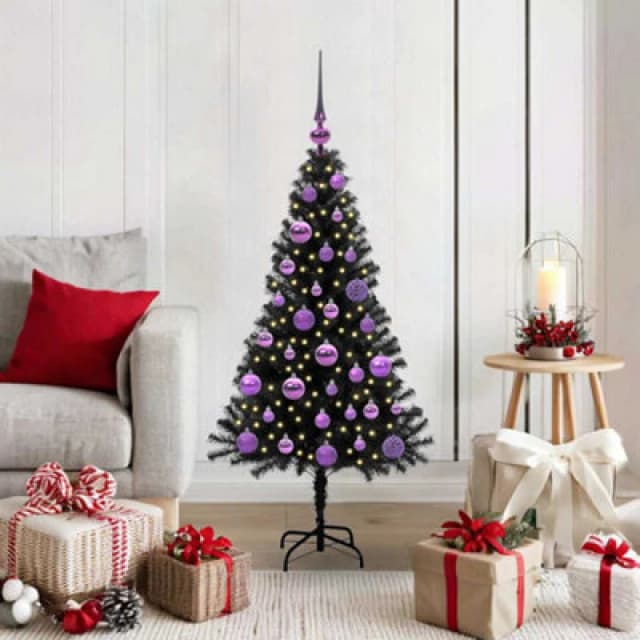 vidaXL Christmas Tree with 150 LEDs, Lilac Balls with Stand Black 120cm PVC, Black 3396462