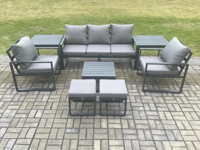 Fimous Aluminium 7 Seater Outdoor Lounge Sofa Set Garden Furniture Sets with Square Coffee Table 2 Chairs 2 Small Footstools 2 Side Tables Dark Grey D