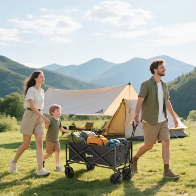 Outsunny Folding Outdoor Storage Trolley Cart Bag Telescopic Handle Brakes Black - Outsunny 5056725504588