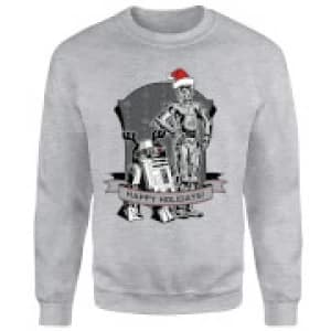 Star Wars Happy Holidays Droids Grey Christmas Sweatshirt - S - Grey
