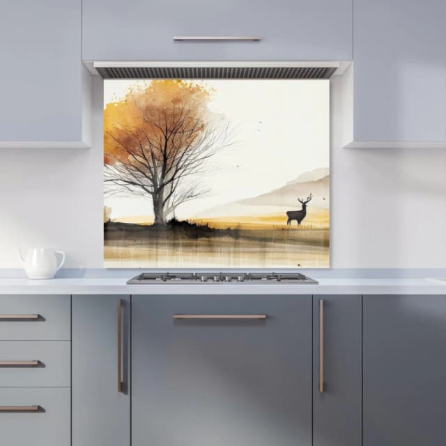 Warren Reed - Designer Autumn Landscape Stag Watercolour Kitchen Splashback in Brown Size: 600mm x 750mm Brown Unisex 600mm x 750mm