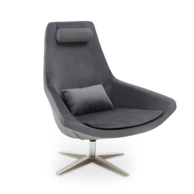 Orsina Grey Curved Velvet Arm Chair With Lumbar Cushion And Headrest, Lounge Chair With Base For Home, Office