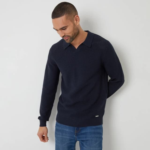 Threadbare Textured Knitted Trophy Neck Long Sleeve Polo Navy male S