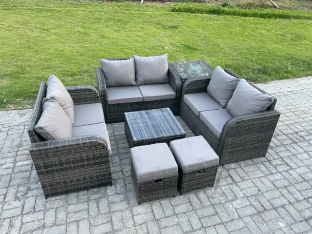 Fimous Outdoor Garden Furniture Sets 8 Seater Wicker Rattan Furniture Sofa Sets with Square Coffee Table Love seat Sofa 2 Small Footstools Dark Grey