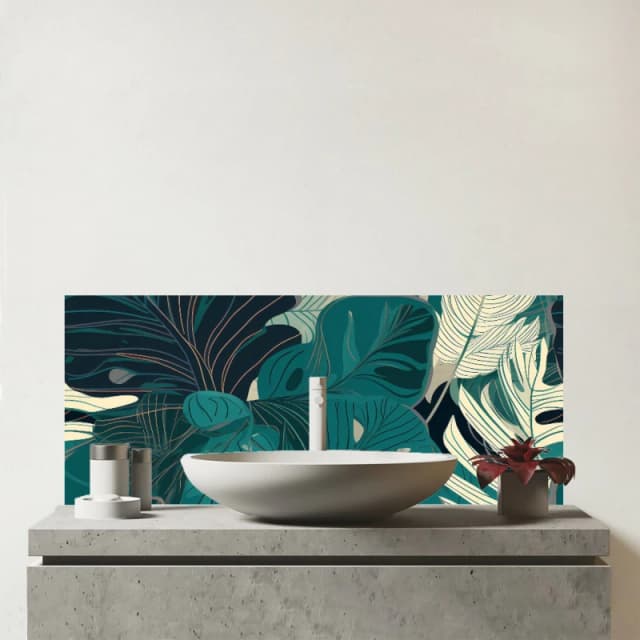 Warren Reed - Designer Tropical Green Leaves Glass Bathroom Splashback Green Unisex