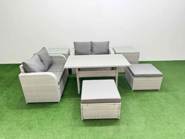 Fimous 6 Seater Outdoor Love Sofa Set Rattan Garden Furniture Set with Rectangular Dining Table 2 Footstool 2 Side Tables Light Grey Light Grey