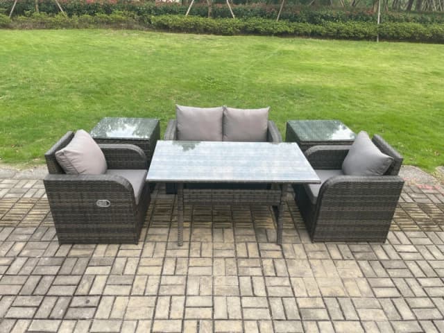 Fimous Outdoor Rattan Garden Furniture Lounge Sofa Set With Oblong Rectangular Dining Table 2 PC Side Tables in Dark Grey Dark Grey Unisex