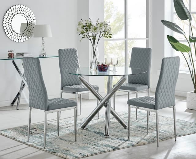 FurnitureboxUK FurnitureboxUK Selina Chrome Round Glass Dining Table and 4 Milan Dining Chairs in Grey Size: 4 Person Grey 4 Person Unisex 505654265