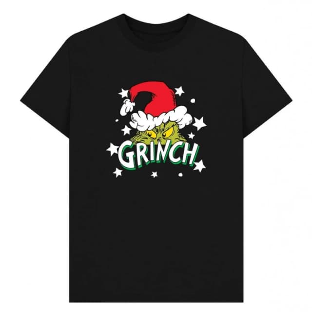 The Grinch Mens Santa Hat Stars T-Shirt in Black Size: Small Black Male S