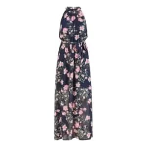 Mela London Navy Floral Print Halter Neck Maxi Dress - Blue