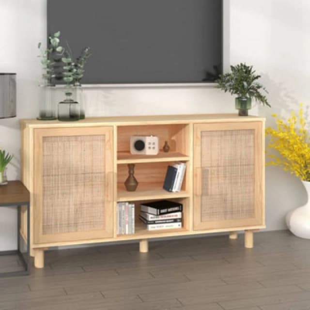 Vidaxl Sideboard Brown 105X30X60 Cm Solid Wood Pine And Natural Rattan