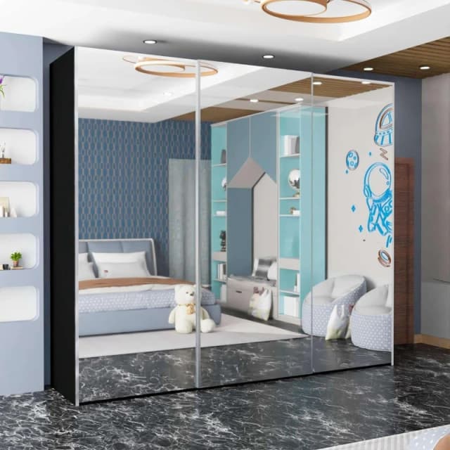 Sliding Wardrobes 4U Full Mirror Double/Triple Mirror Wardrobe 250cm X 217cm Black