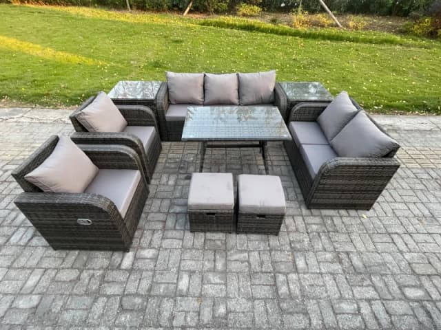 Fimous Outdoor Rattan Garden Furniture Set 9 Seater Patio Lounge Sofa Set with Dining Table 2 Small Footstools 2 Side Tables Dark Grey