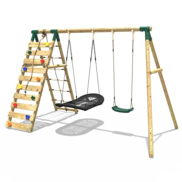 Rebo Wooden Double Swing Set with Boat Swing and Climbing Wall - Sage Green Green