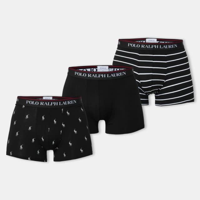Polo Ralph Lauren Mens Classic 3 Pack Trunks - Black White Stripe/Black Allover - XXL Black Underwear and Nightwear male 714830299009 XXL