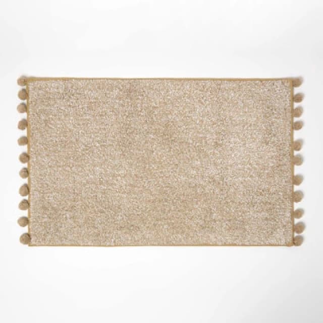 Homescapes Tufted Bath Mat 100% Cotton with Pom Pom Edges Beige