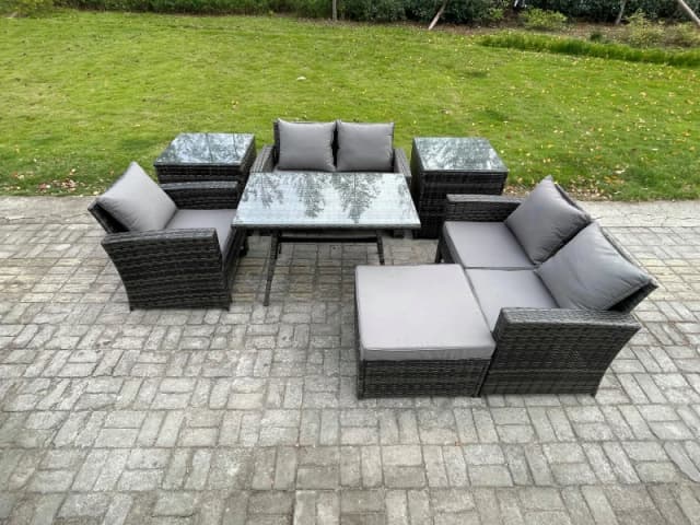 Fimous Wicker PE Rattan Garden Dining Set Outdoor Furniture Sofa with Rectangular Dining Table Love Seat Sofa 2 Side Tables Big Footstool in Dark Grey