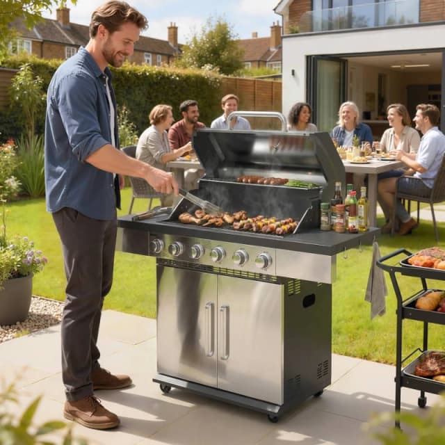 OUTSUNNY 6 Burner Liquid Propane Gas BBQ Grill, Portable Gas Barbecue Grill in Silver Silver Unisex