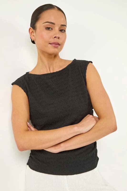 Roman Womens Petite Textured Stretch Top in Black Size: 14 Black Female 14