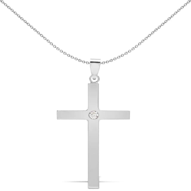 Jewelco London Mens 9ct White Gold 0.1ct Diamond Solitaire Cross Pendant - 9X086 Silver
