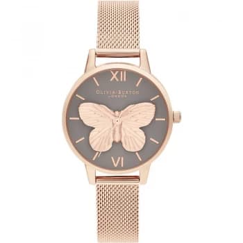 Ladies Olivia Burton 3D Butterly Grey Dial & Rose Gold Mesh Watch