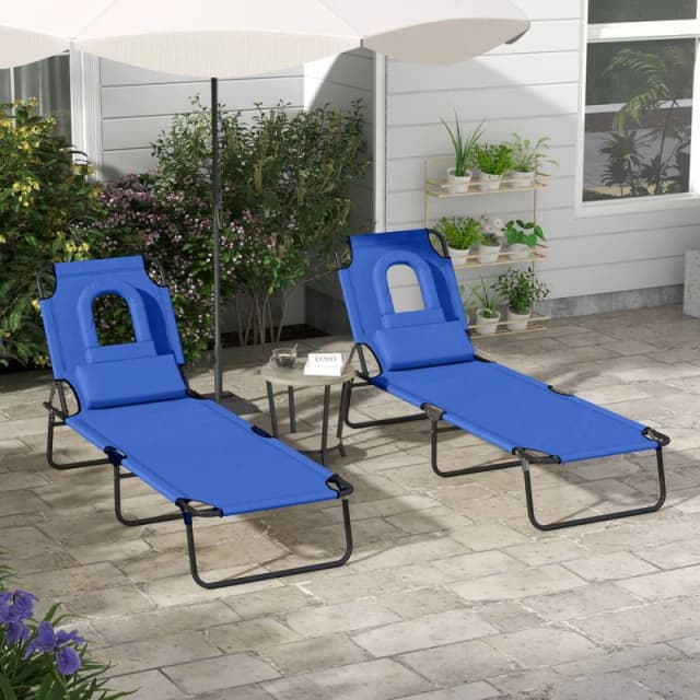 Outsunny Outsunny Folding Sun Lounger Set of 2 Reclining Chair with Reading Hole Blue 5056725390426