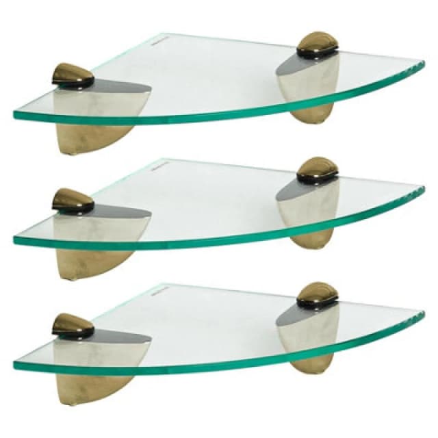 Harbour Housewares 3X Floating Glass Corner Shelves - 20Cm - Gold Brackets - Bathroom Shower Storage Vanity Display Unit Shelf