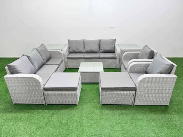 Fimous PE Rattan High Back Lounge Sofa Set Patio Square Coffee Table & Chairs Set with 3 Seater Sofa Reclining Chair 2 Big Footstool 2 Side Table Ligh