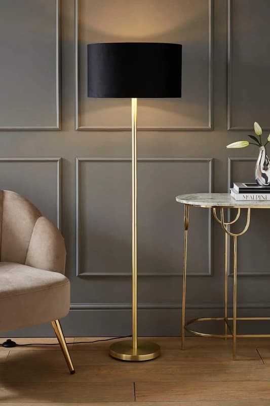 ValueLights ValueLights Charlie Gold Stem Floor Lamp with Velvet Drum with Gold Inner Lamp Shade in Black One Size Unisex 5059406060557