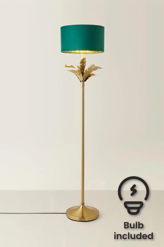 ValueLights ValueLights Christina Velvet with Gold Inner Drum Shade Gold Palm Leaf Floor Lamp with Bulb in Bottle Green Bottle Green One Size Unisex 5