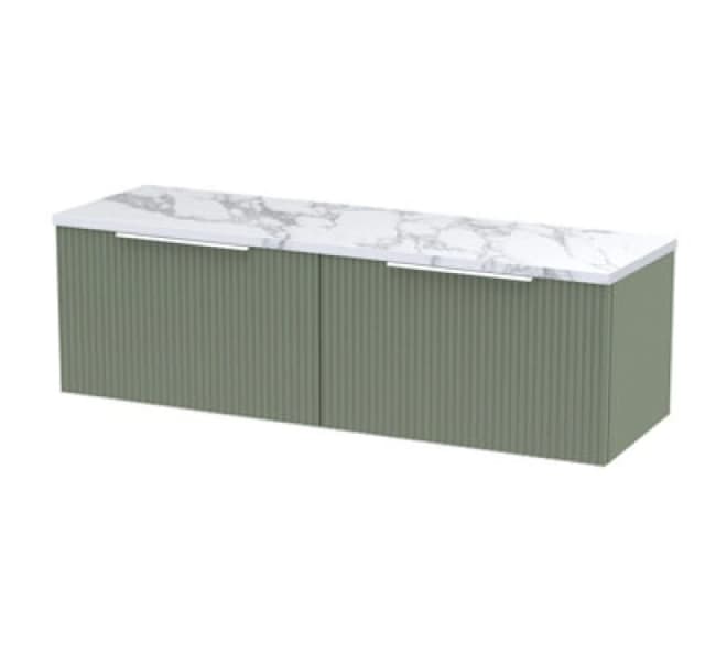 Hudson Reed Fluted Wall Hung 2-Drawer Vanity & Carrera Marble Laminate Worktop, Counter Top Vanity Unit In Satin Green, 1200mm