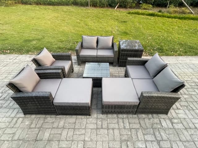 Fimous Outdoor Garden Furniture Sets 8 Pieces Wicker Rattan Furniture Manual Wicker Patio Sofa Patio Conversation Set with 2 Big Footstool Dark Grey U