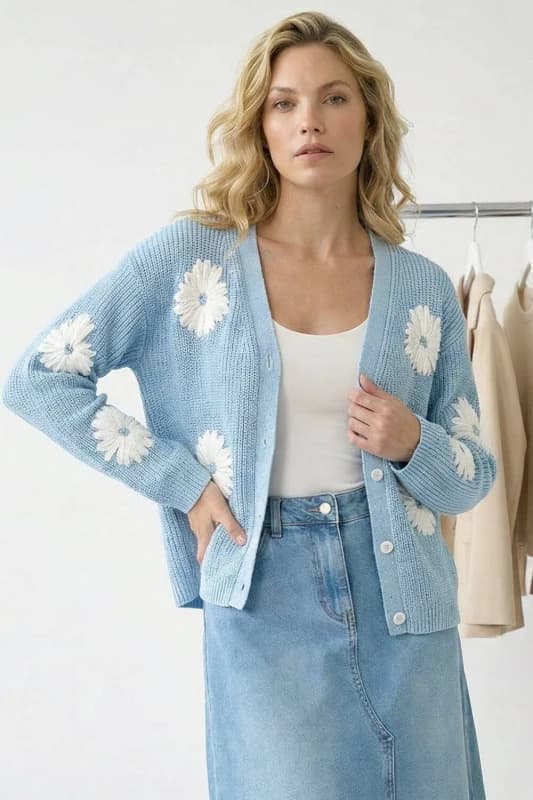 Roman Womens Daisy Detail Knit Cardigan in Light Blue Size: 20 Light Blue Female 20