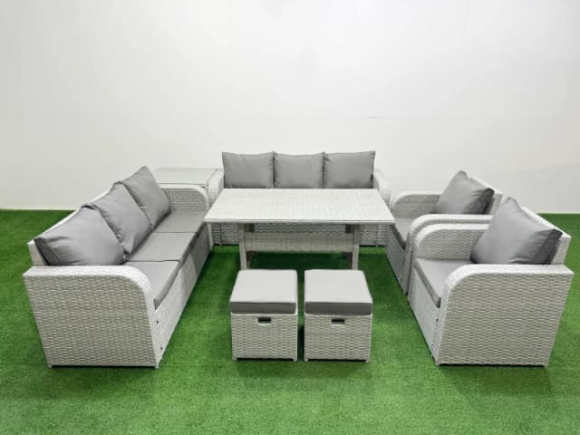 Fimous PE Rattan High Back Lounge Sofa Set Patio Rectangular Dining Table & Chairs Set with 3 Seater Sofa Reclining Chair Stools Side Table Light Grey