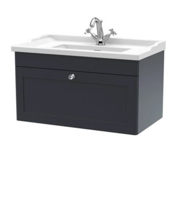 NUIE Classique Wall Hung 1-Drawer Vanity Unit with Traditional Basin 800mm Wide Satin Anthracite - 1 Tap Hole - Nuie CLC1496F