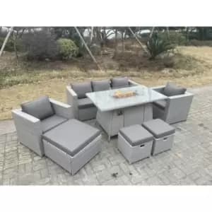 Fimous 5 Seater Outdoor Light Grey Rattan Lounge Complete Sofa Set with Fire Pit, 2 Stools and Big Footstool