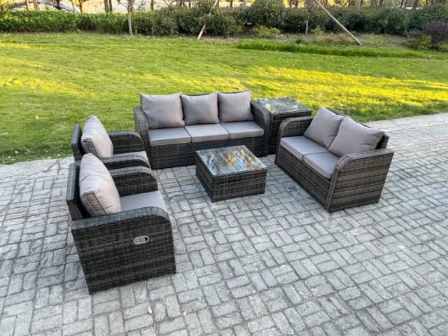 Fimous 7 Seater Garden Furniture Set Rattan Outdoor Lounge Sofa Chair With Tempered Glass Table Side Table Dark Grey Mixed Dark Grey