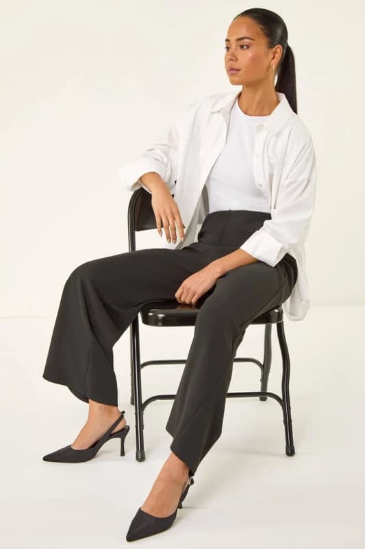 Roman Womens Petite Wide Leg Stretch Trouser in Black Size: 14 Black Female 14