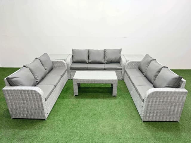 Fimous PE Rattan Lounge Sofa Set 9 Seater Outdoor Garden Furniture Set with Oblong Coffee Table 3 Seater Sofa 2 Side Table Light Grey Light Grey