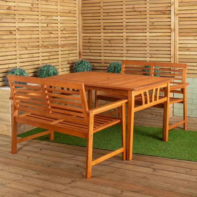 Outdoor 4 Person Rectangular Wooden Garden Table, 2 Benches Furniture Set