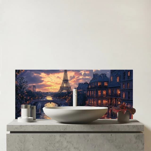Warren Reed - Designer Paris By Night Glass Bathroom Splashback in Blue Blue Unisex