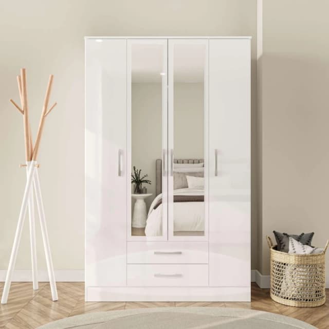 Birlea Lynx Grey High Gloss and White 4 Door 2 Drawer Mirrored Large Wardrobe