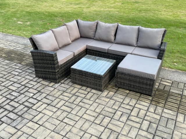 Fimous Rattan Garden Furniture Set Outdoor Lounge Corner Sofa Set With Square Coffee Table Big Footstool 7 Seater Dark Grey Mixed Dark Grey