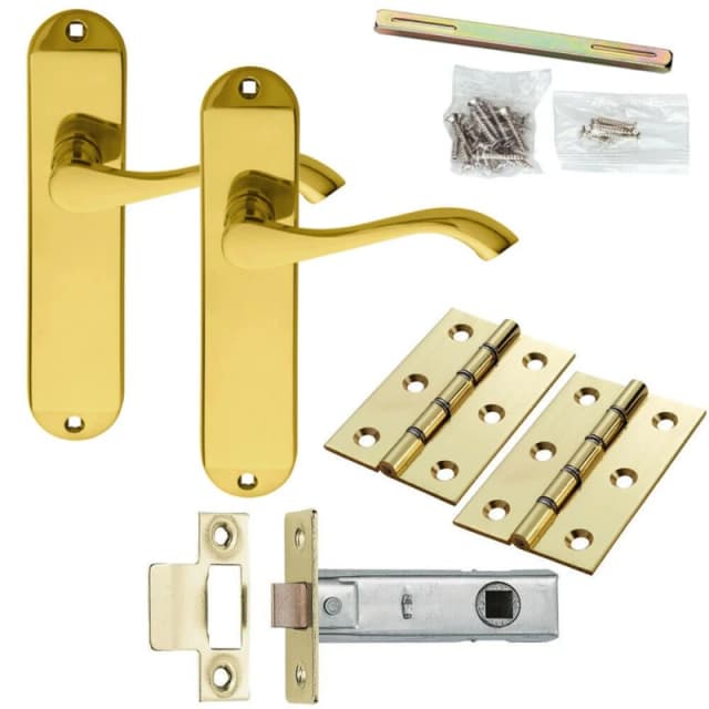 Loops Door Handle & Latch Pack Brass Modern Scroll Curved Slim Rounded Backplate Metallics