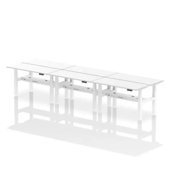 Air Air Back-to-Back 1400 x 600mm Height Adjustable 6 Person Bench Desk White Top with Cable Ports White Frame HASCP6P14600WHTW