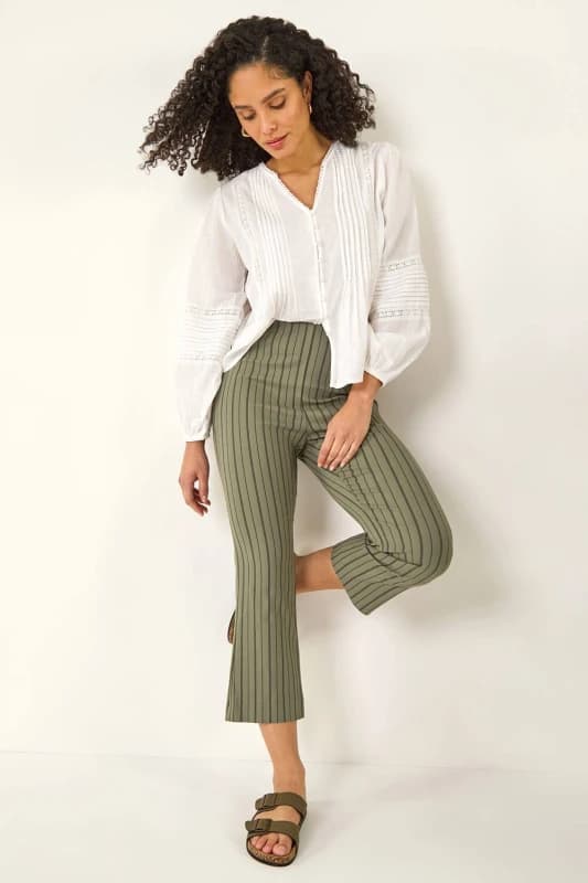 Roman Womens Stripe Print Crop Bootleg Trouser in Khaki Size: 14 Khaki Female 14