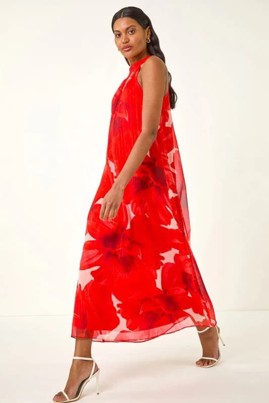 Roman Womens Floral Halterneck Midi Dress in Red Size: 12 Red Female 12