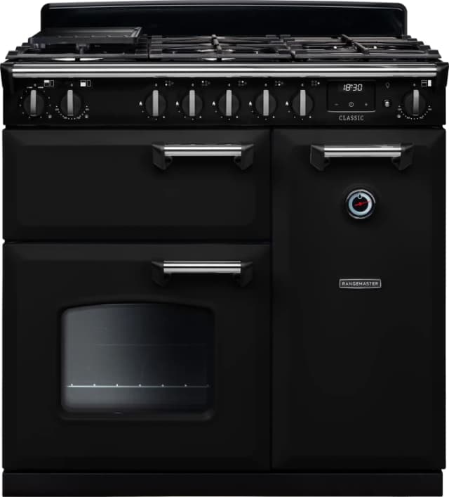 Rangemaster Classic CL90DFPGBL/CM1 90cm wide Dual Fuel Range Cooker with Gas Hob - Black / Chrome - A/A Rated