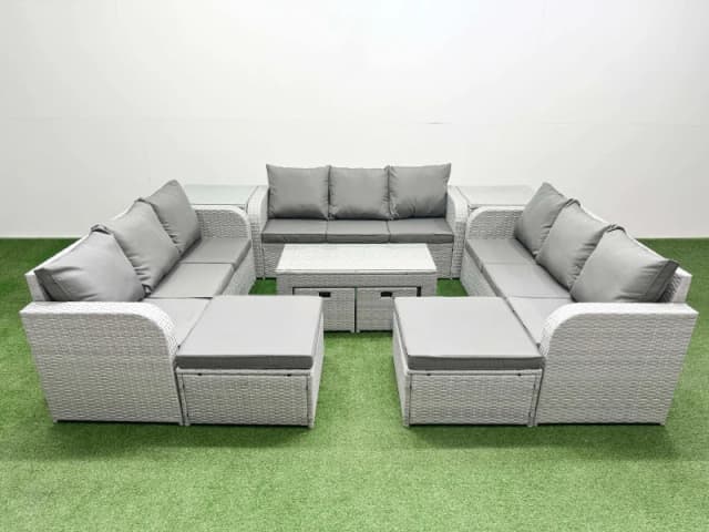 Fimous PE Rattan 3 Seater Sofa Set with Oblong Coffee Table 2 Side Tables in Light Grey Light Grey Unisex